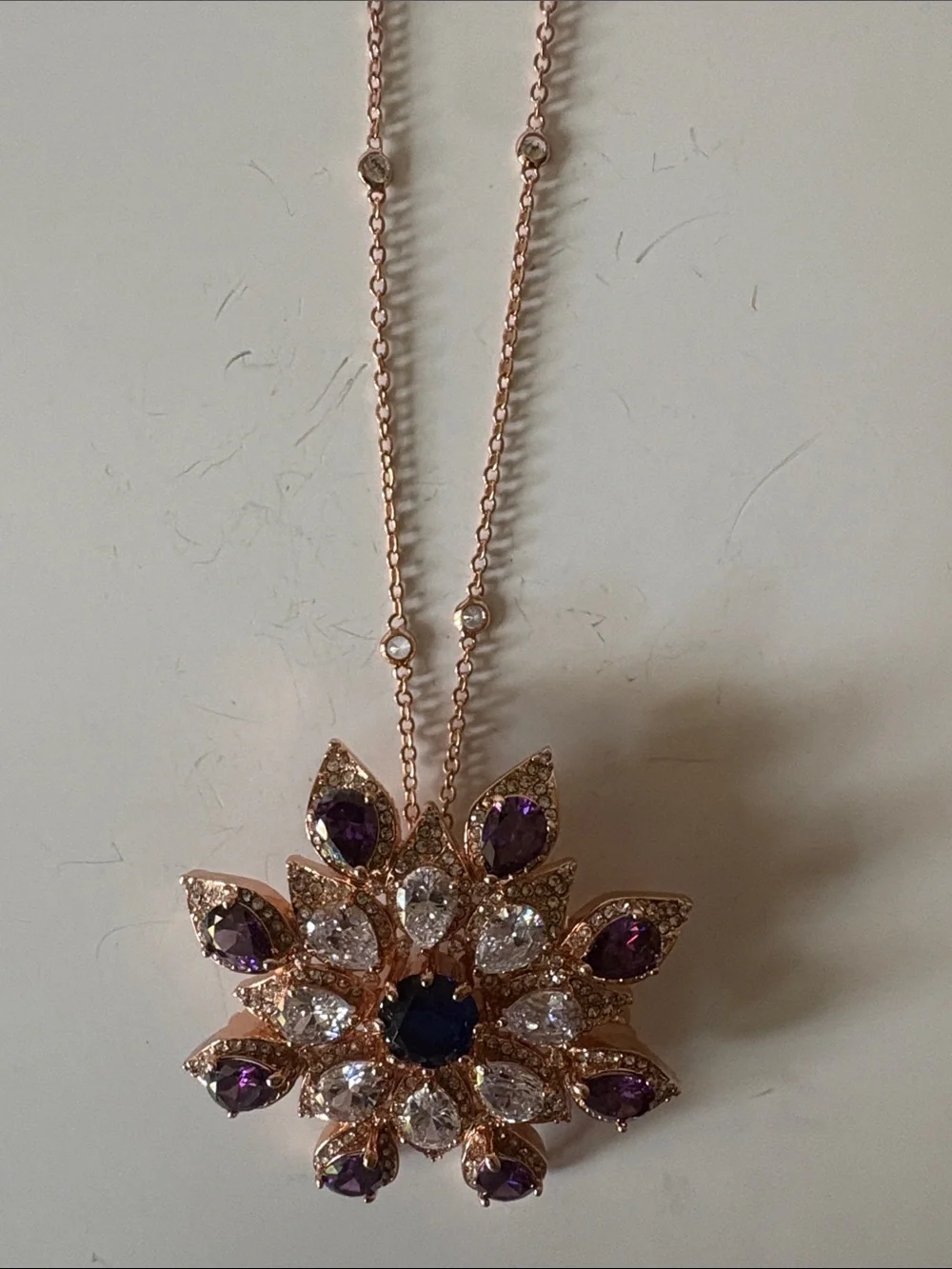 Rose Gold Floral Pendant Necklace or Brooch with Purple and Clear Stones